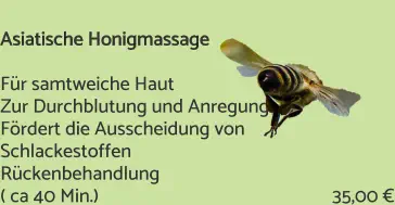 Asiatische Honigmassage  Für samtweiche Haut  Zur Durchblutung und Anregung Fördert die Ausscheidung von  Schlackestoffen  Rückenbehandlung ( ca 40 Min.)    					          35,00 €